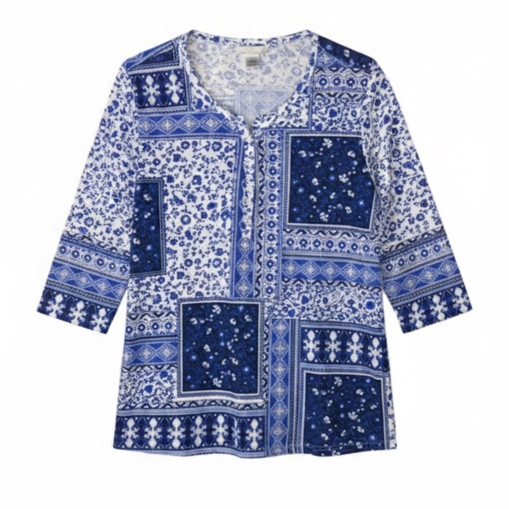 C.D. Daniels Blue Patchwork Floral Henley Top - Plus Size 1X - 3/4 Sleeve